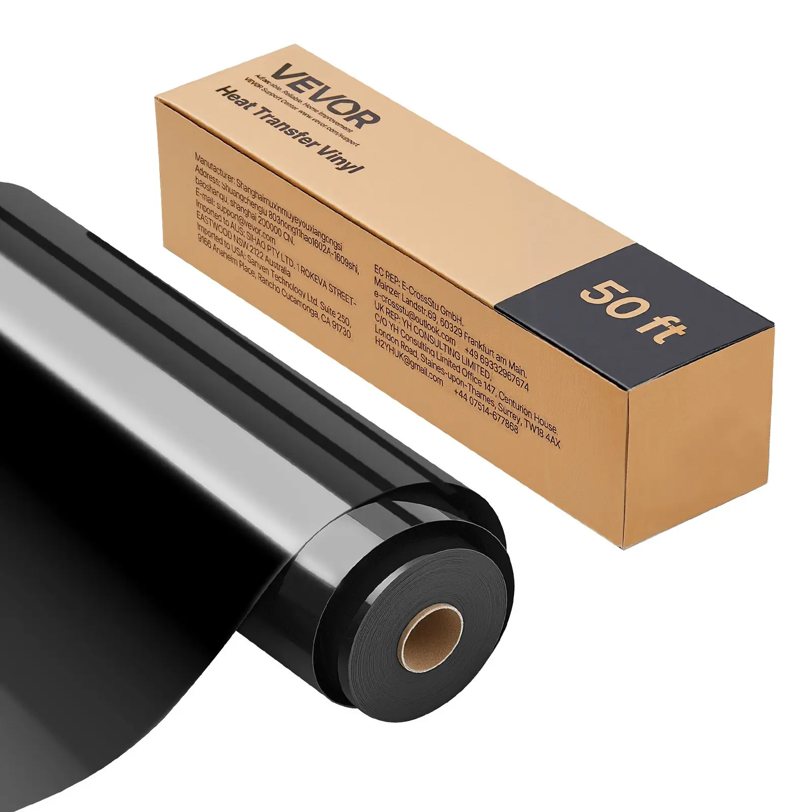 VEVOR Glossy Black Heat Transfer Vinyl Roll, 12 inch x 50 ft, Easy Alignment, Flexible to Cut & Weed, Strong Adhesion, Beginner-Friendly, Cutting Machine Compatible, for T-Shirts, Pillows