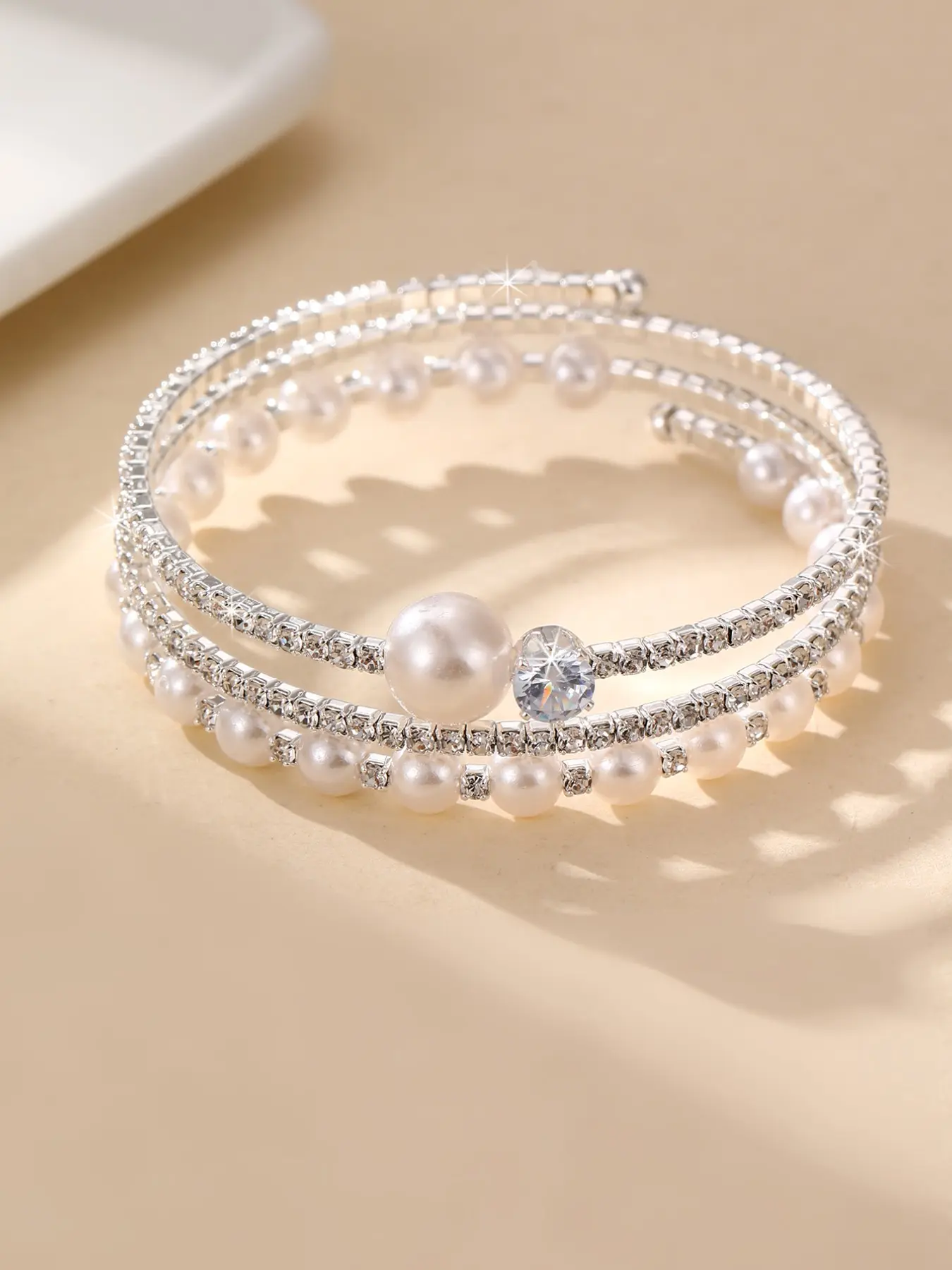 Korean Style Imitation Pearl Rhinestone Double Layer Bracelet for Women, Elegant Stackable Luxury Accessory, All-Season Boho Jewelry