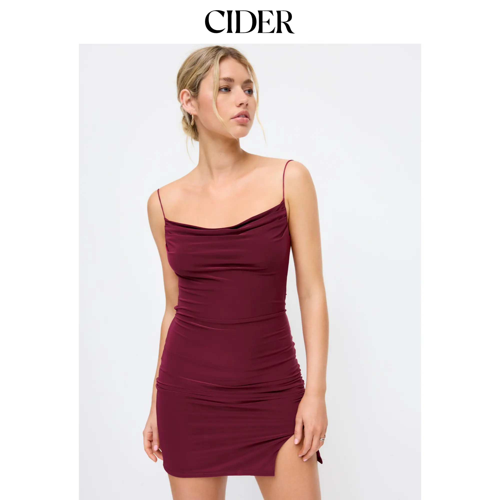 Cider Cowl Neck Ruched Split Backless Knotted Mini Dress SohoChic