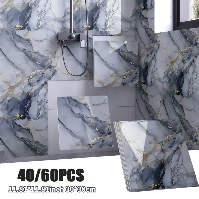 40/60PCS Self-Adhesive Marble Wall Panels Set, Peel & Stick Removable Vinyl Planks, Bathroom, Kitchen, Living Room-Glossy Finish, Easy Install/Remove, Reusablelmitation Stone, DIY Home Decor