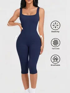 Women's Yoga Capri High Elasticity Jumpsuit Square Neck Backless Tummy Control Butt Lifting, Workout Shorts Romper Seamless Ribbed Sleeveless Unitard for Gym Sports