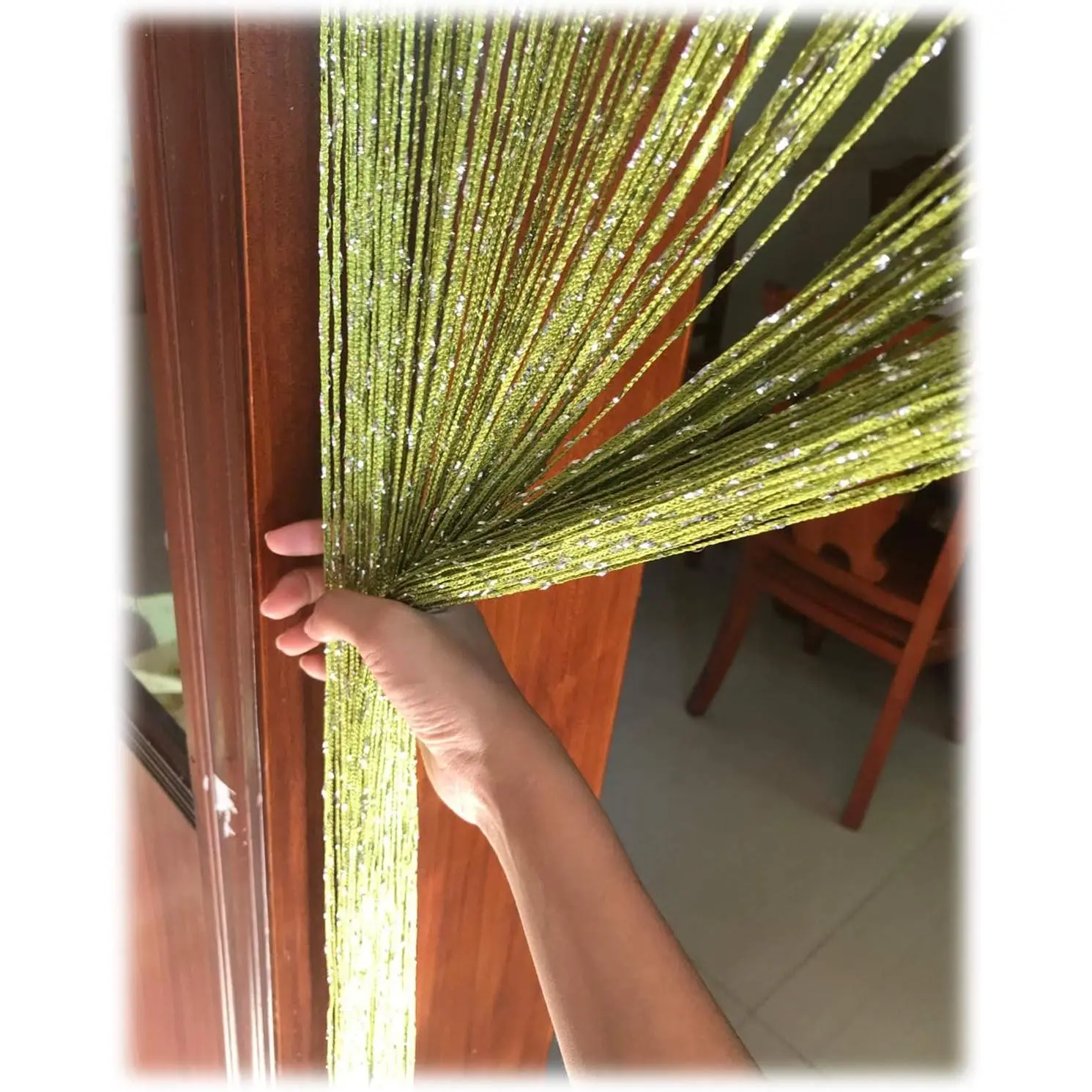 Home Decoration Curtain - 1x2m Polyester Contemporary Window/Door String Panel, Rare Flat Thread Fringe, Stripe Tassel, Glittering Silver Foil, Easy-to-Hang Classic Room Divider for Restaurant, Wedding