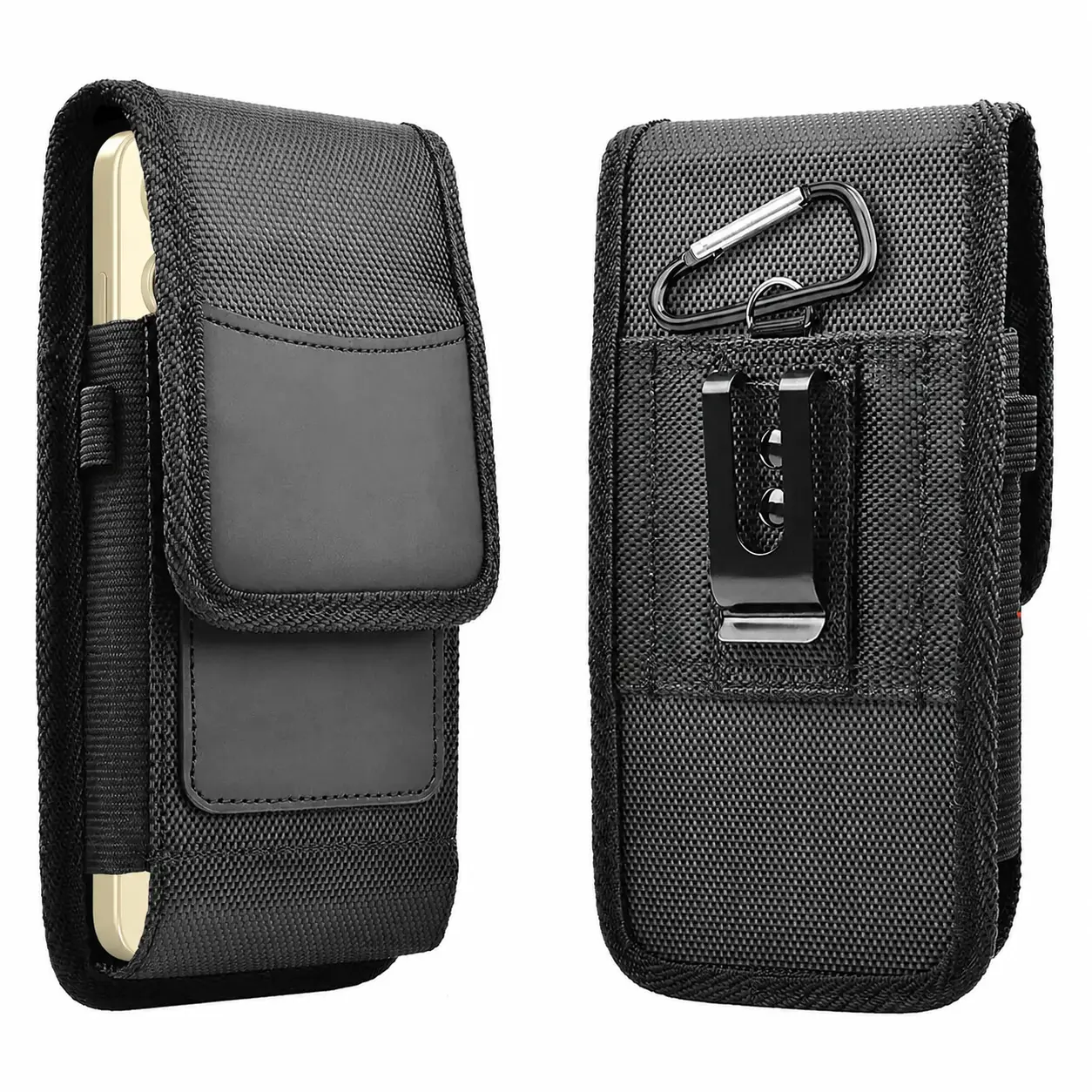 Heavy-Duty Vertical Dual-Layer Phone Holster for 5.5–6.9 Inch Smartphones Featuring Adjustable Belt Clip, Built-In Card Slot, Secure Carabiner Loop, and Durable Water-Resistant Oxford Fabric Pouch for Everyday Carry and Outdoor Use
