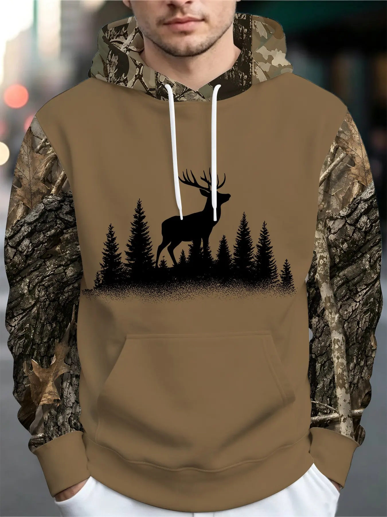 Forest Elk Silhouette Jungle Camouflage Spliced Drawstring Hooded Long Sleeve Casual Sweatshirt