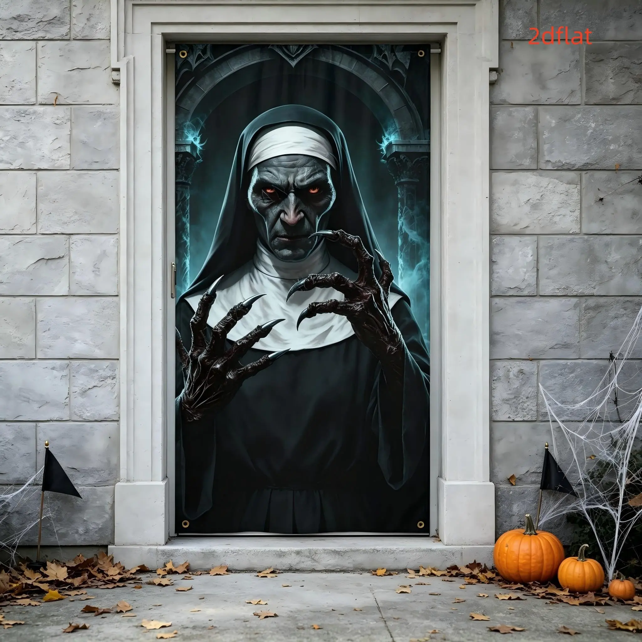 Halloween Horror Devil Nun Vertical Door Banner, Sharp Claws Eyes Evil Nun Gothic Arch Background, Indoor Outdoor Party Decoration