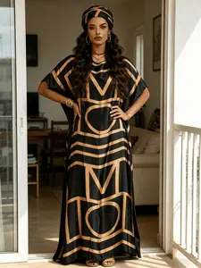 Women's Black Bronze Geometric Letter Print Maxi Kaftan Dress with Matching Headwrap 2 Piece Set, Silky Satin Loose Batwing Beach Cover Up, Plus Size Loungewear Nightgown Pajama for Resort Pool Home Sleepwear