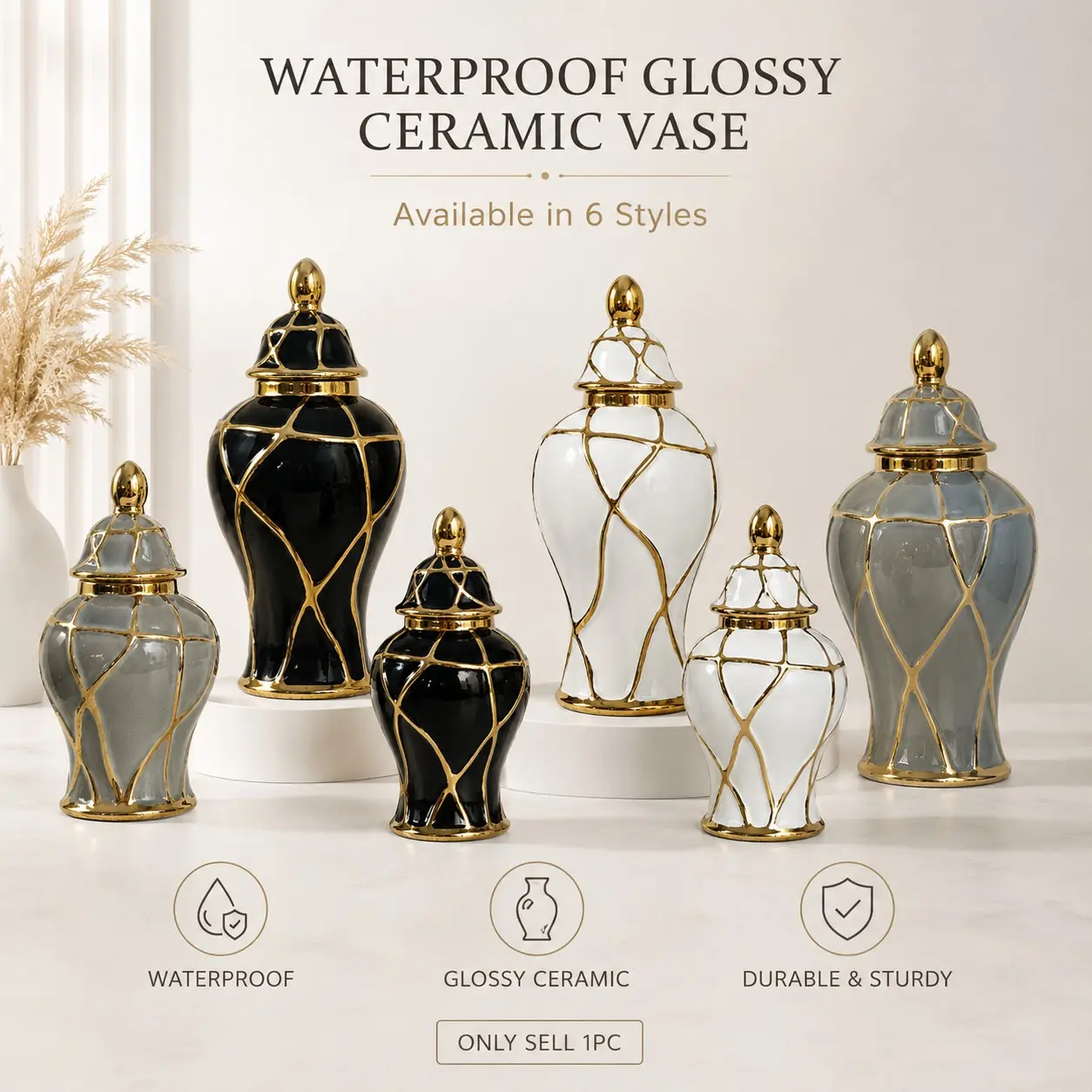 Ceramic Vase Home Decor, Lidded Flower Vase, Waterproof Fresh Flower Vase, Glossy Ceramic Vase, Decor Jar, Modern Luxury Living Room Bedroom Shelf Desktop Ornament