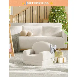 2-in-1 Convertible Kids Sofa Chair, Fold Out Foam Toddler Couch & Lounger with Sherpa Bear Fleece Cover, Removable Machine Washable Slipcover Mini Chair for Boys Girls Playroom Bedroom Nursery Grey Pink White