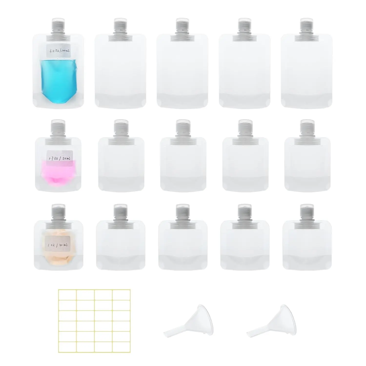 15 count Travel Pouches for Toiletries, 30ml/50ml/100ml Leak Proof Squeeze Pouches, Refillable Stand Up Pouches with Labels, TSA Approved Travel Containers for Shampoo, Conditioner