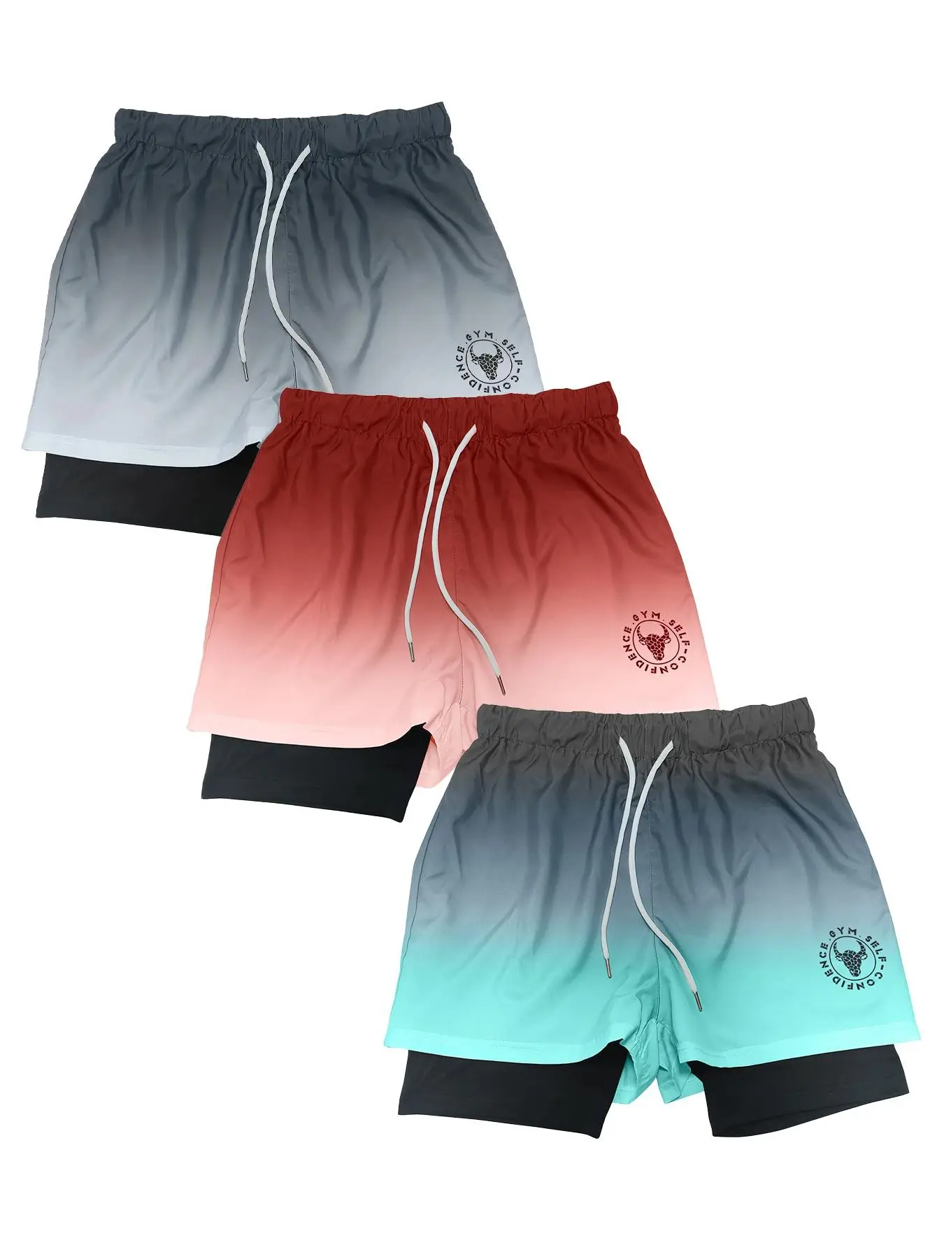 3-Pack Men's Gradient 2-In-1 Gym Shorts, Compression Lining, Quick-Dry Elastic Waist, Breathable Dual-Layer Swim Trunks, Beach Outdoor Activities