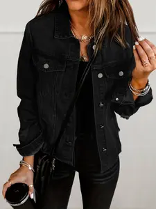 Women's Waist-Cropped Denim Jacket, Long Sleeve, Notched Lapel Faux Fur Edge Outerwear, Fashionable Comfort Design, Ideal for Daily Casual Wear