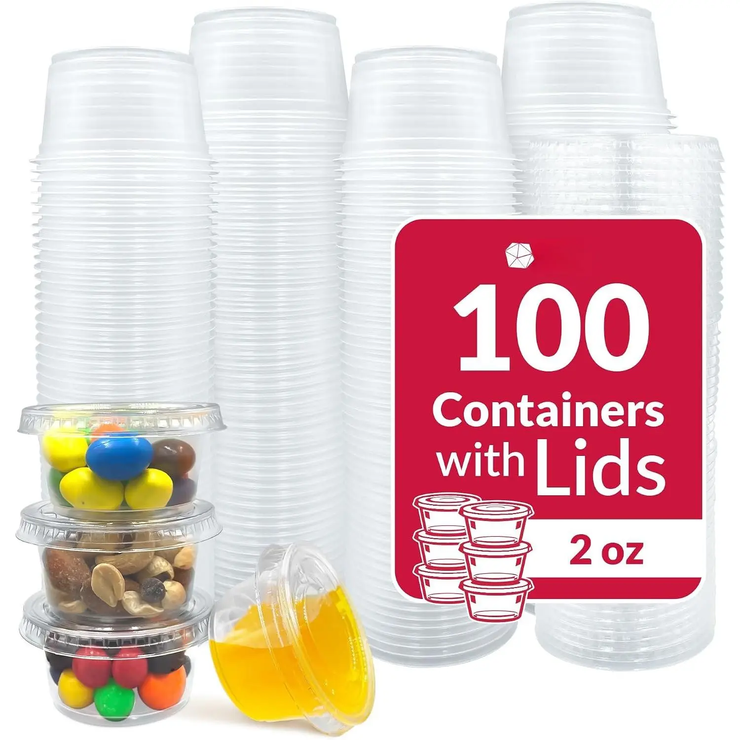 2 oz Condiment Containers with  (100 sets) | Clear | Ideal for Sauce, Souffle, Samples, Jello Shot Cups | Disposable,  Plastic | Small Containers 2oz, Bulk