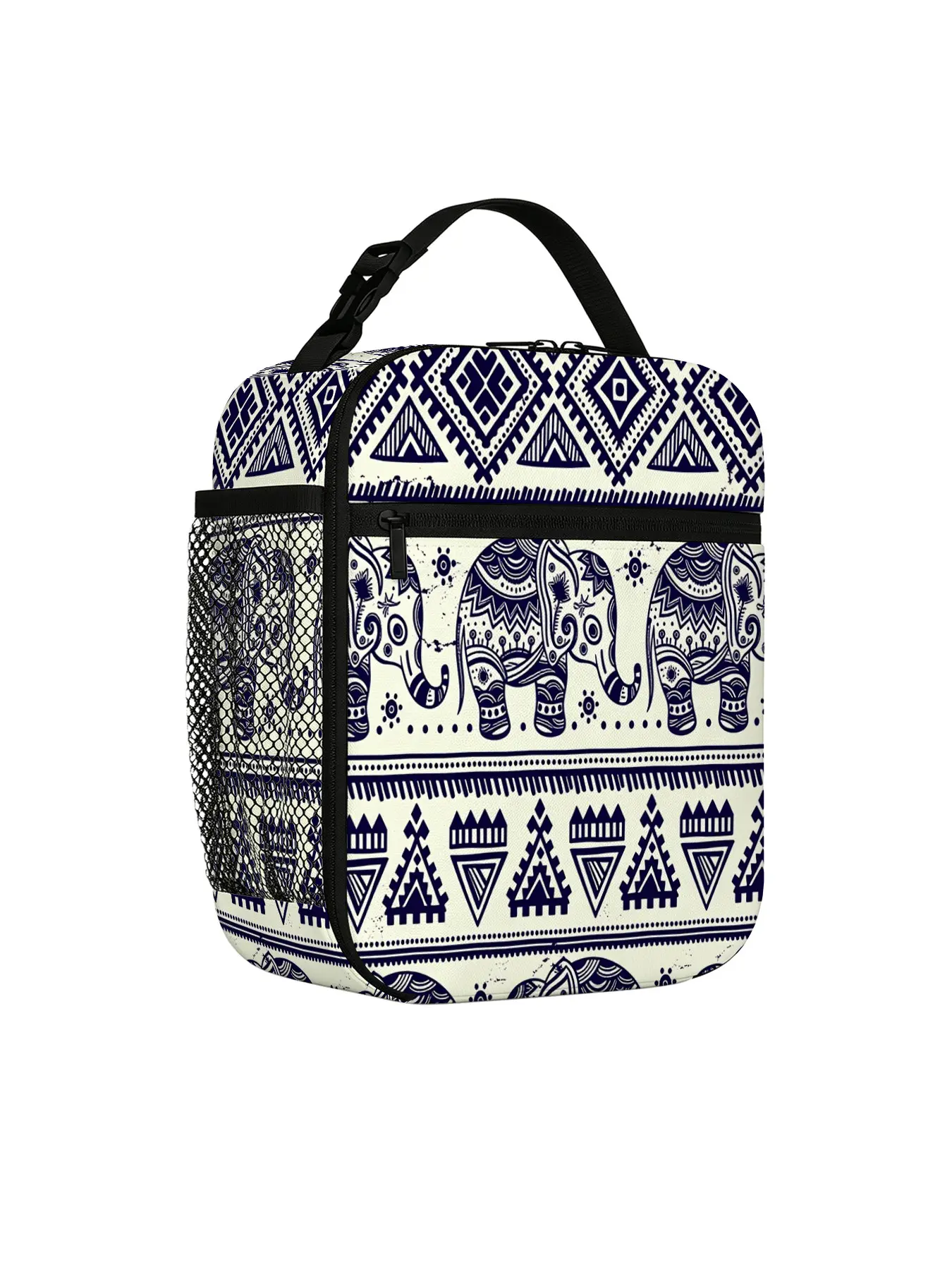 Ethnic Elephant Geometric Pattern Lunch Bag, Portable Insulated Cooler, Thickened Heatproof Leak-Proof, Ideal for Camping Picnics Office Use