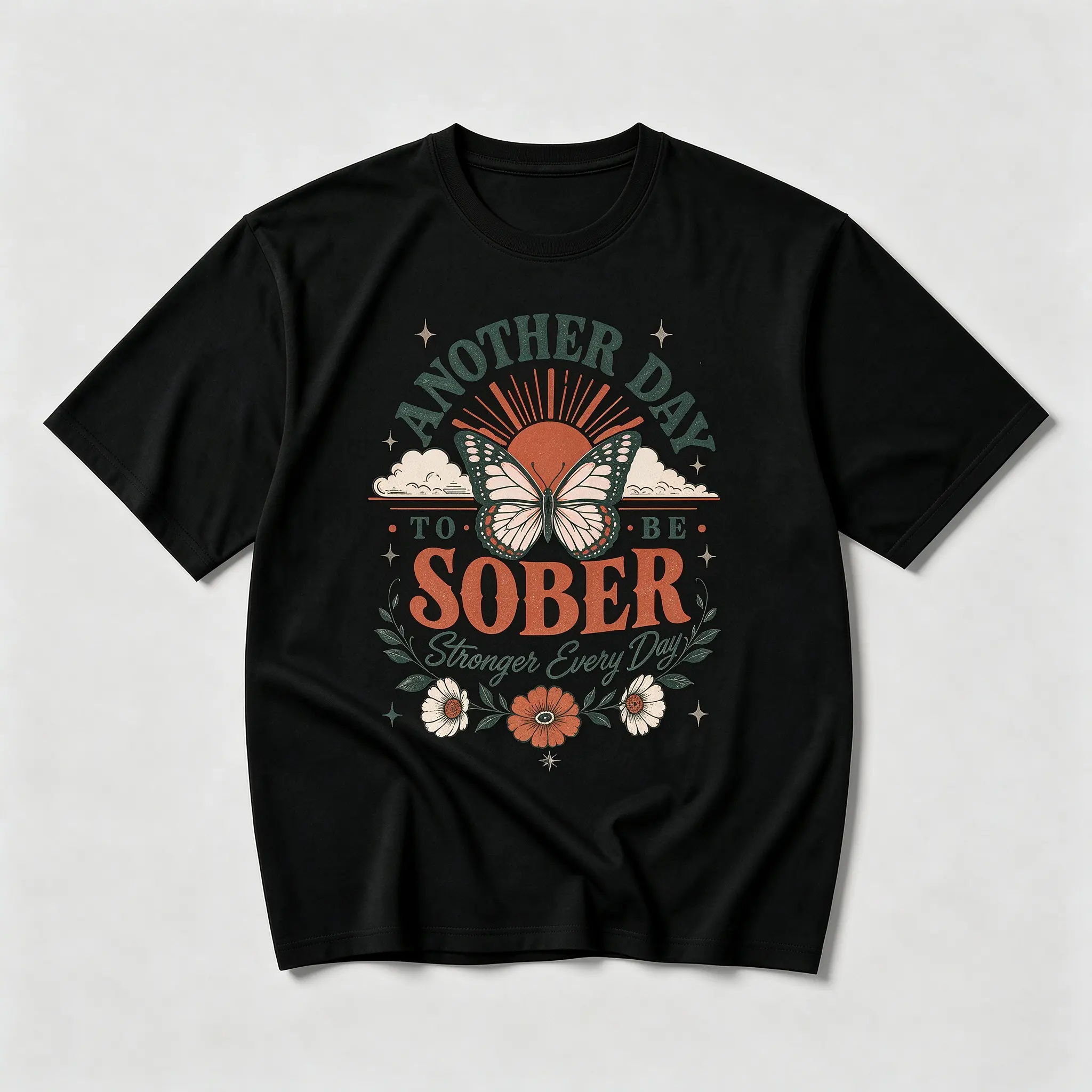 Retro Butterfly Floral Another Day To Be Sober Graphic Print |     100% Cotton T-Shirt, Sobriety Recovery Motivational Tee, Unisex Sober Warriors, Support Group Daily Outfit, Sobriety Milestone Gift