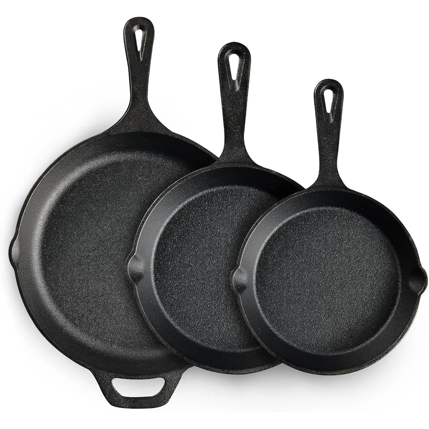 Traditional Pre-Seasoned Iron Handle Skillet 3-Piece Set - 6/8/10in Round Thermal Pans, Heavy-Duty Nonstick Induction Safe Non Toxic Cookware for Restaurant Chefs, Oil-Free Prep, Indoor Simmering