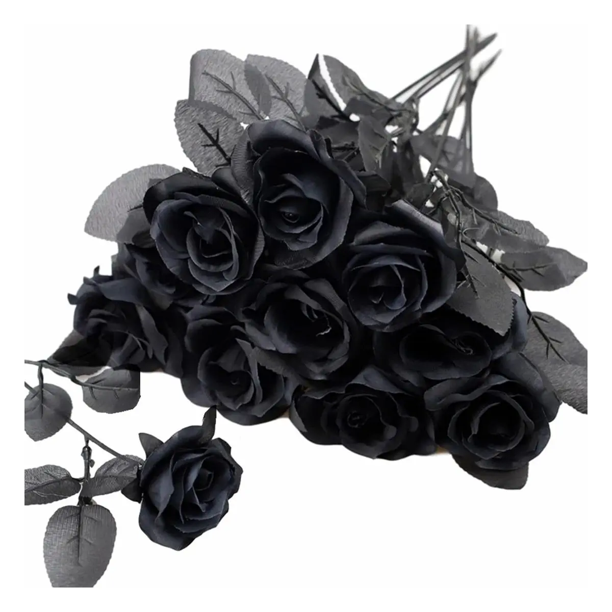 10-Pack Artificial Black Silk Rose Heads (2.75''), 40cm Plastic-Coated Metal Flexible Branch Stems, Decorative Flowers for Wedding Decoration & Home Decor