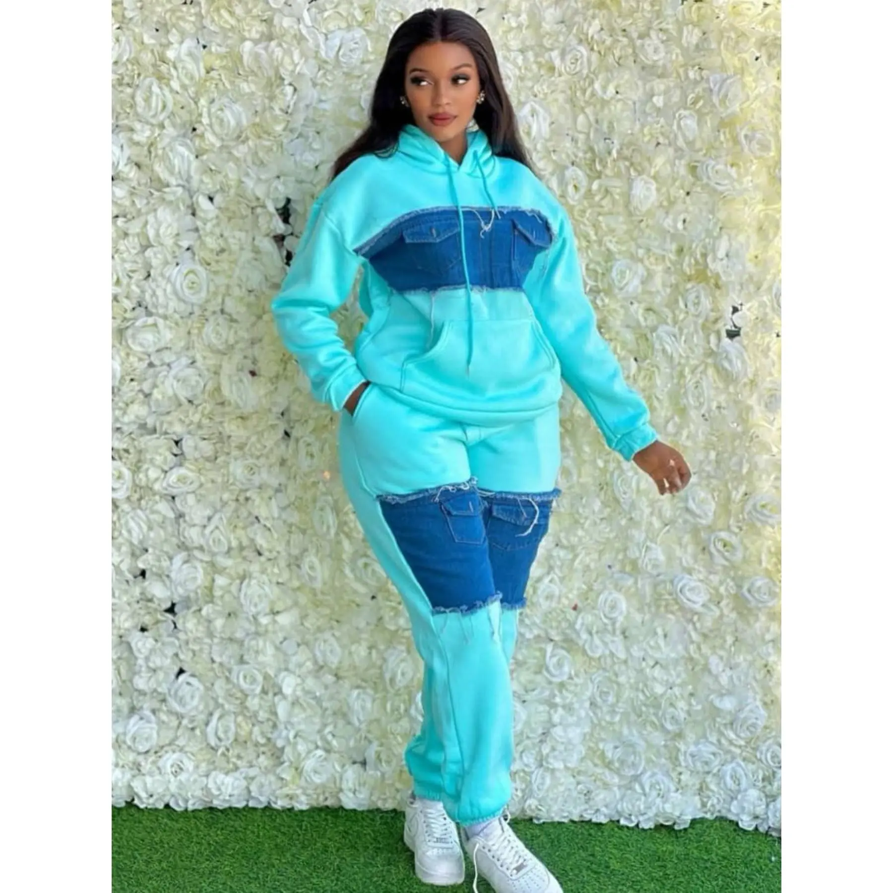 Essential Oversized Retro Style Streetwear Set Featuring a Color Block Sweatshirt with Patchwork Details for Women