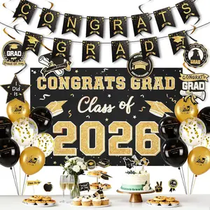 Black and  Graduation Decorations 2026 Kit 34 count Party Supplies Class of 2026 Backdrop Congratulations Graduate Banner Balloons Cupcake Toppers