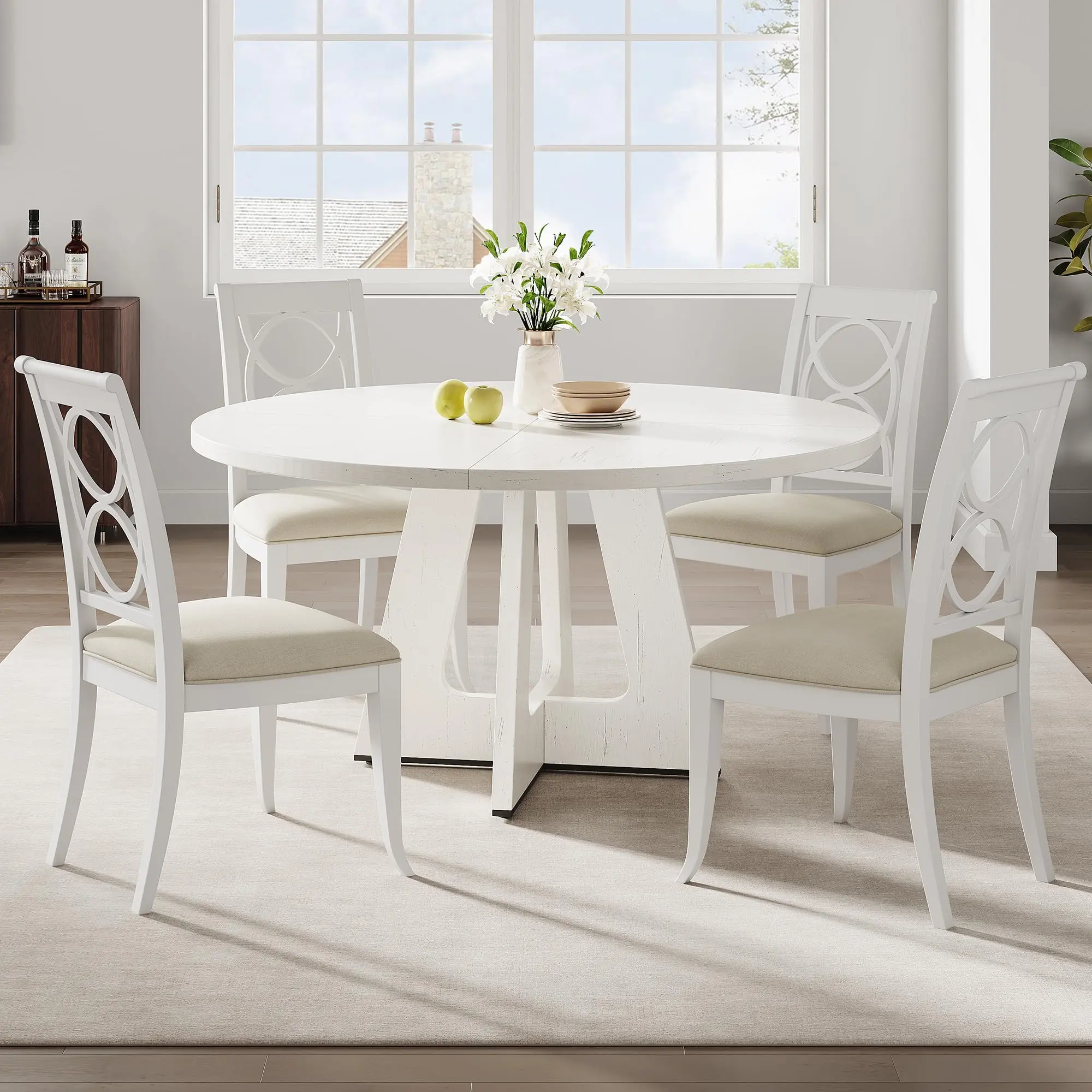 47 Inch Round Farmhouse Dining Table for 4 6 People Wooden Kitchen Table with 1.57in Solid Wood Legs Heavy Duty Dining Room Table Circular Centerpiece for Living Room Holiday Gathering Reddish Brown Antique White