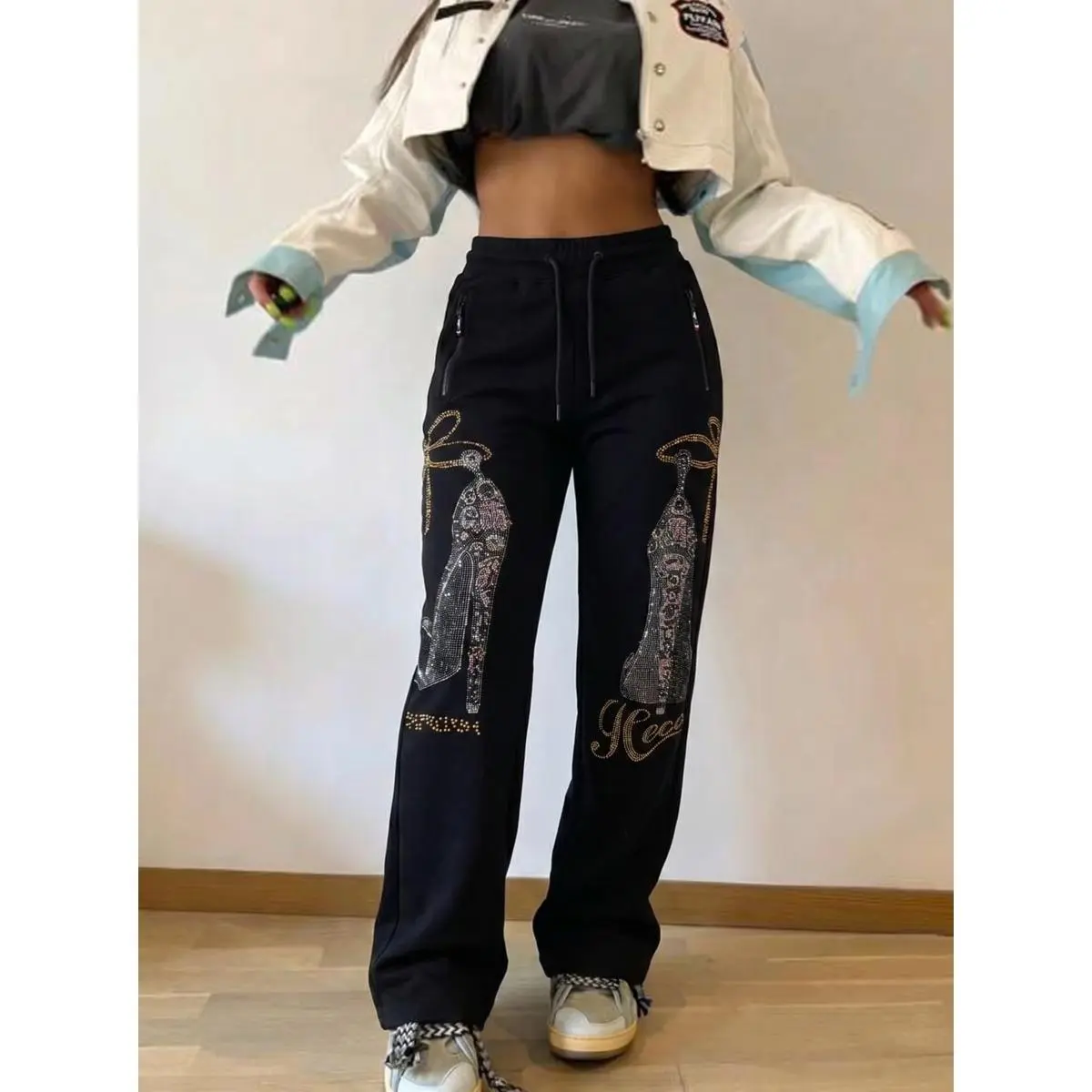 TCH-B 2026 Streetwear Rhinestone Gorpcore Track Pants Wide-Leg Loose Fit Sweatpants Unisex Bling Graphic Trousers Techwea