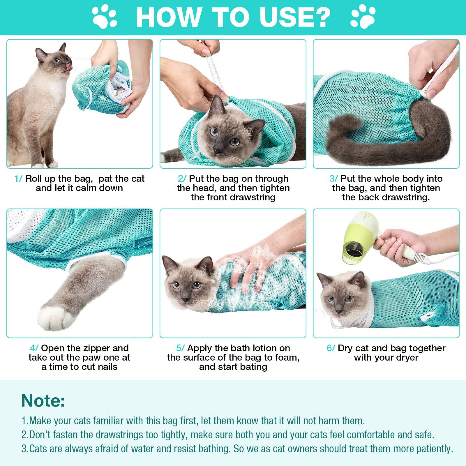 Adjustable Cat Bathing Mesh Bag, Anti-Bite Anti-Scratch Restraint Bag for Grooming, Nail Trimming & Injection, Portable Drawstring Shower Bag for Cats