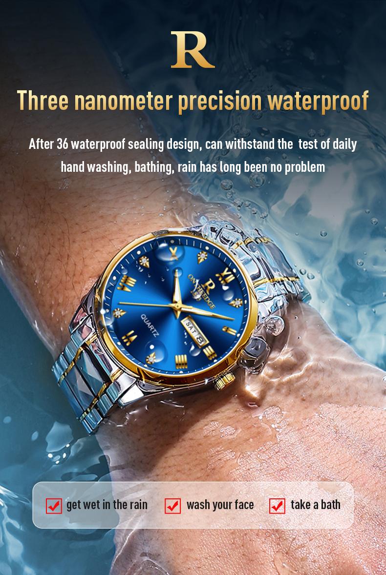 Men's Luxury Gold Tone Quartz Watch - Stainless Steel Wristwatch with Day & Date Calendar, Crystal Diamond Accents, Roman Numerals, Elegant Business Dress Watch, Perfect Gift for Husband Dad