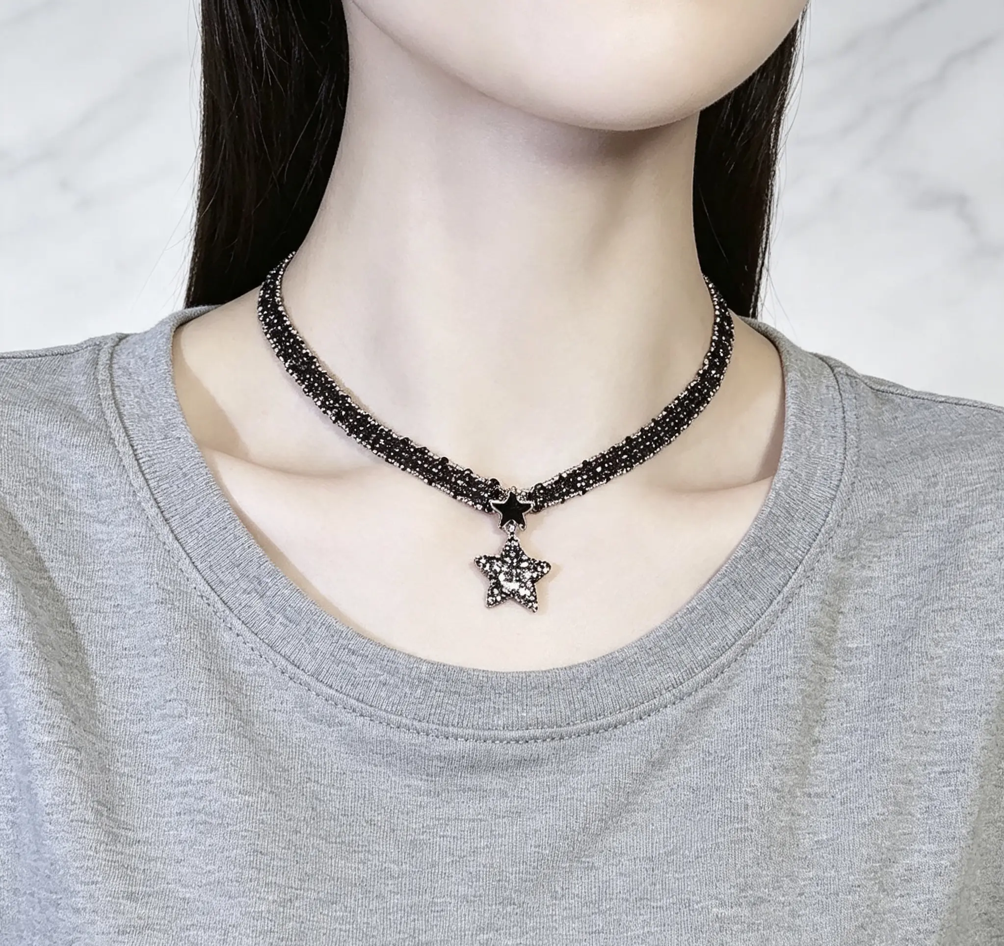 Women's Dazzling Star Choker Necklace - Full-Cut Crystal Pendant, Y2K Trendy Layered Style, Lightweight Alloy Metal, Hypoallergenic Coating, Unique Gift Option