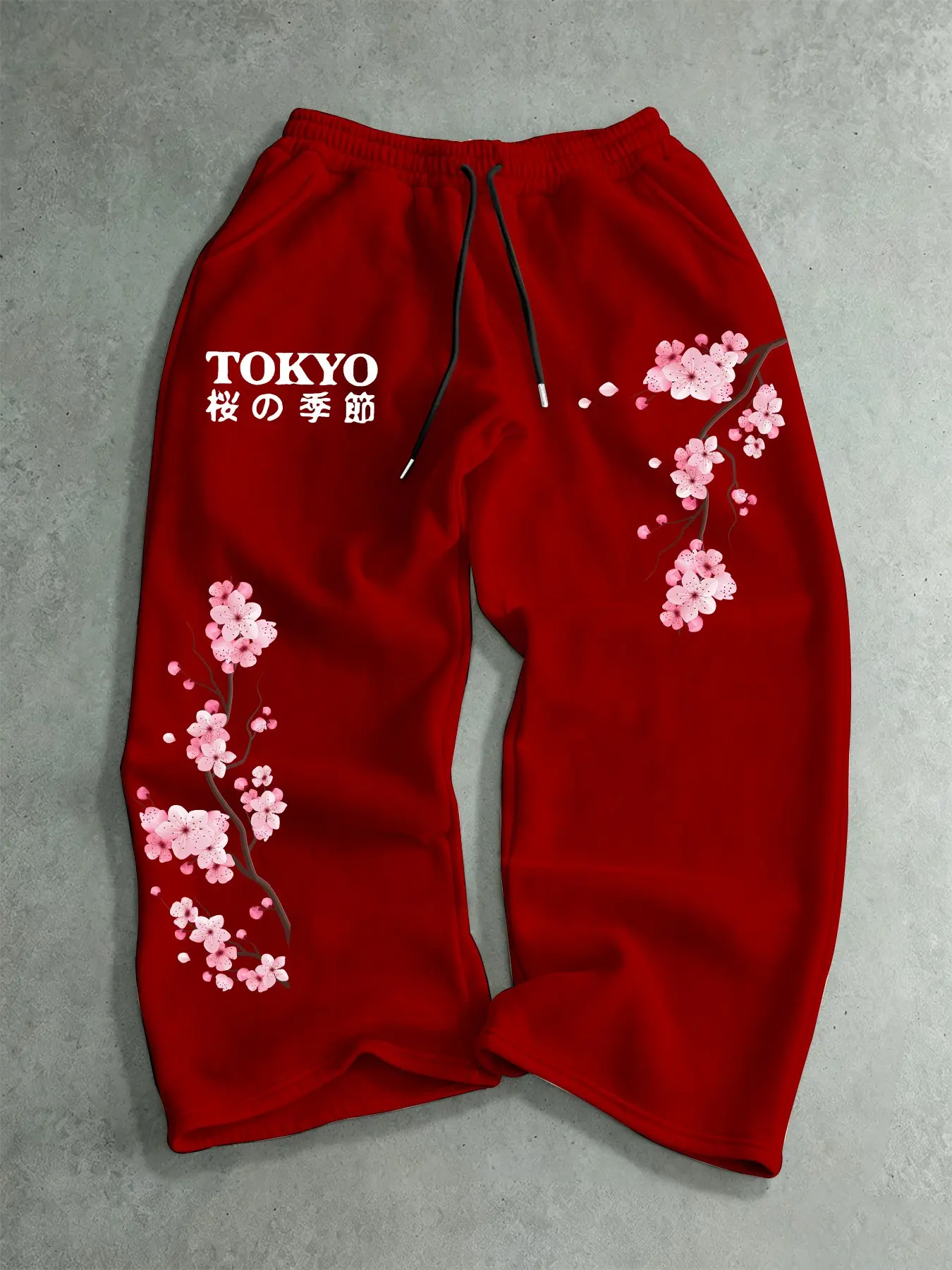Men's Versatile Loose Fit Drawstring Waist Adjustable Casual Sports Pants, Tokyo Japan Cherry Blossom Print, Suitable for Spring and Fall Outdoor Activities and Home Wear