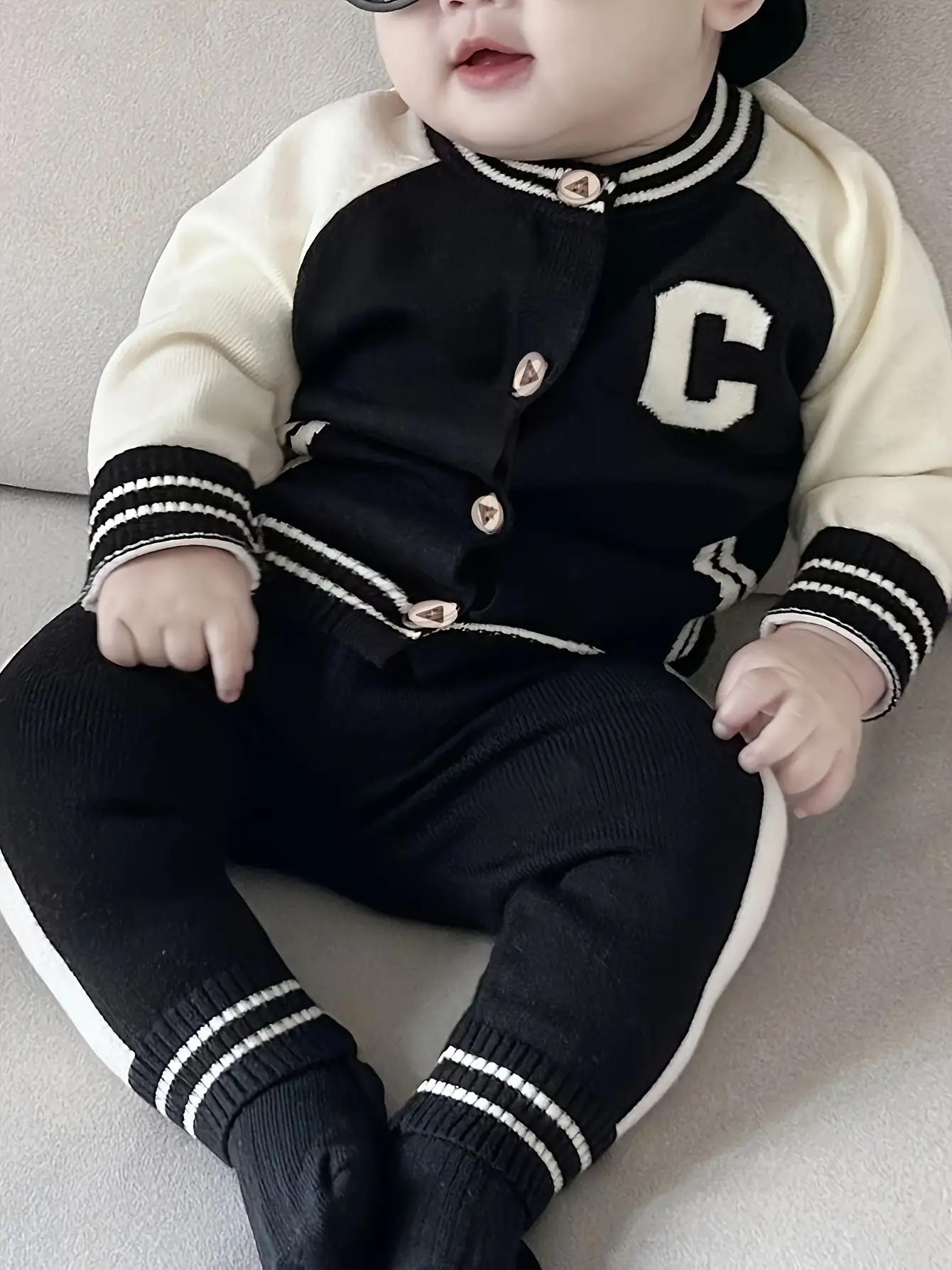 NewNewborn Boy Spring/Autumn Outfit Set    2-Piece Lettered Cardigan + Knit Long Pants – Stylish & Cozy for Outdoor Strolls! Adorable Infant Sweater Set, Soft for Daily Wear ✨