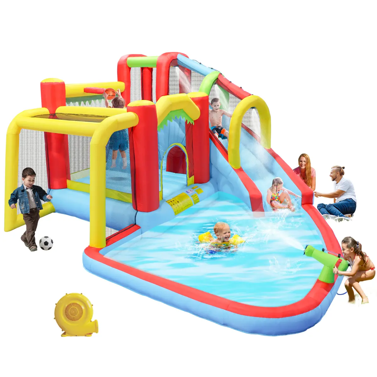 Aobtkel 9-in-1 Inflatable PVC Slide Water Park Bounce House, Outdoor Garden Bouncer with Splash Pool, Water Gun, Climbing Wall, Basketball Hoop