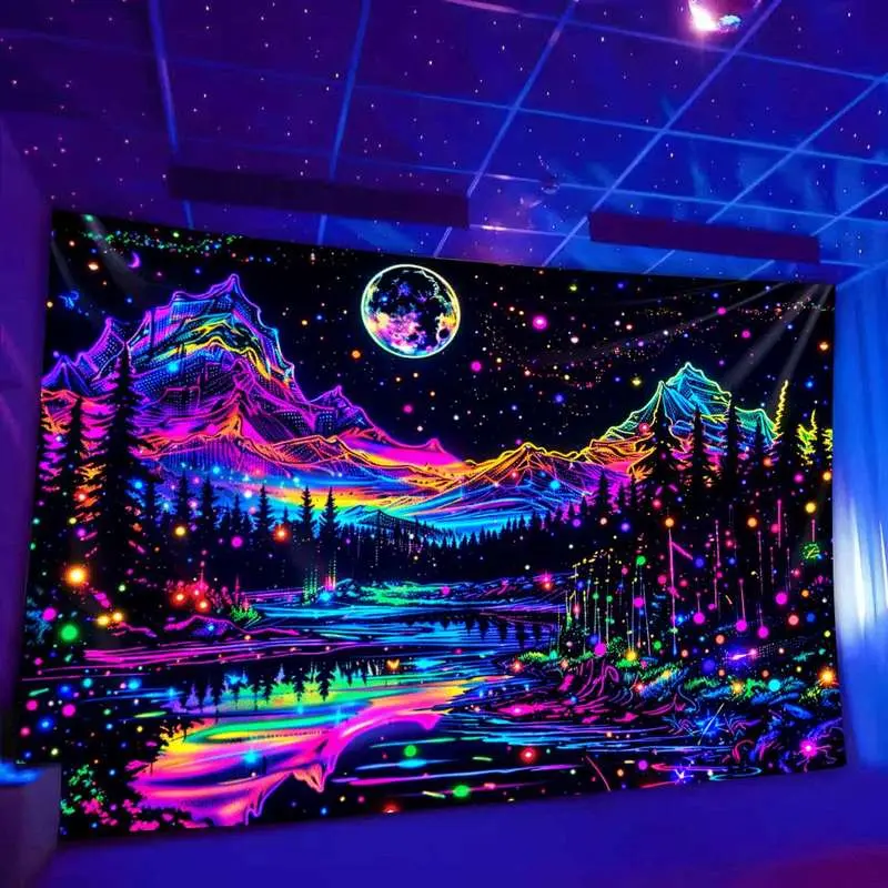 Extra-Large 2D Flat Blacklight Neon Landscape Tapestry - UV Reactive Cotton Wall Hanging, Custom Printing Spooky Skeleton Aesthetic Decor Accessory for Teen Bedroom, Dorm bedroom decor cool stuff for room mens room decor