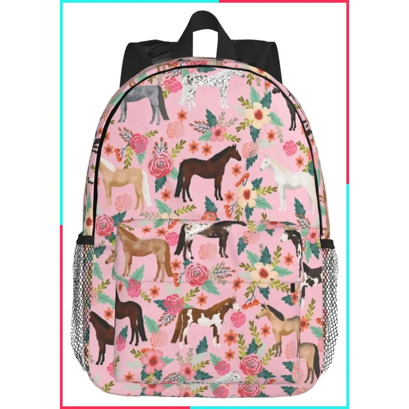 Pink Horse Backpack for Boys Girls - Cute Floral School Bag, Horse Print Western Cowgirl Shoulder Bag, 15 Inch Travel Bookbag Gift for Kids Toddler