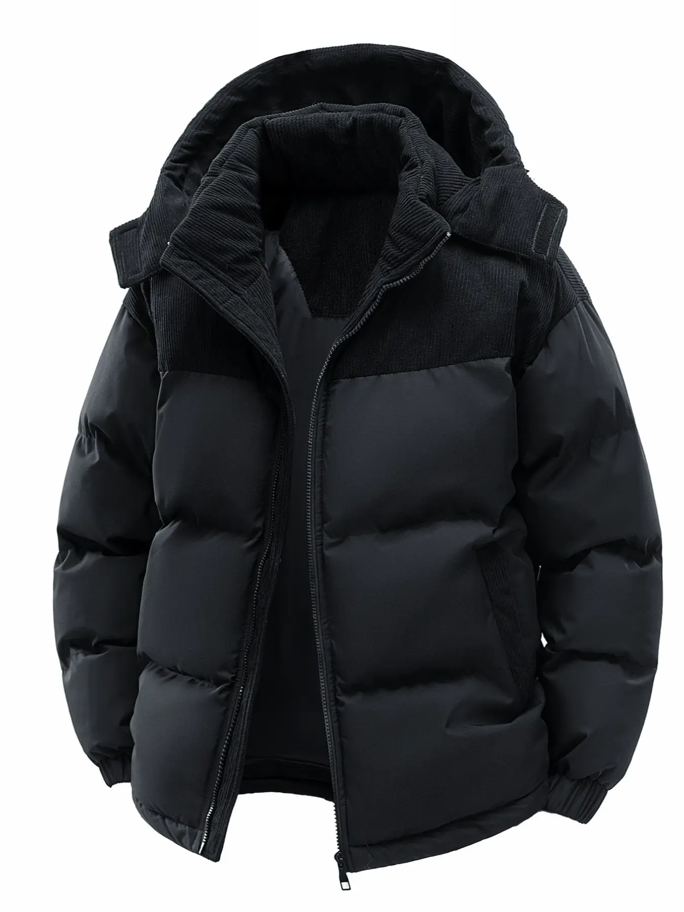 Men Corduroy Spliced Hooded Puffer Coat, Detachable Hood Loose Fit Warm Cotton Jacket, Autumn Winter Trendy Versatile Outerwear