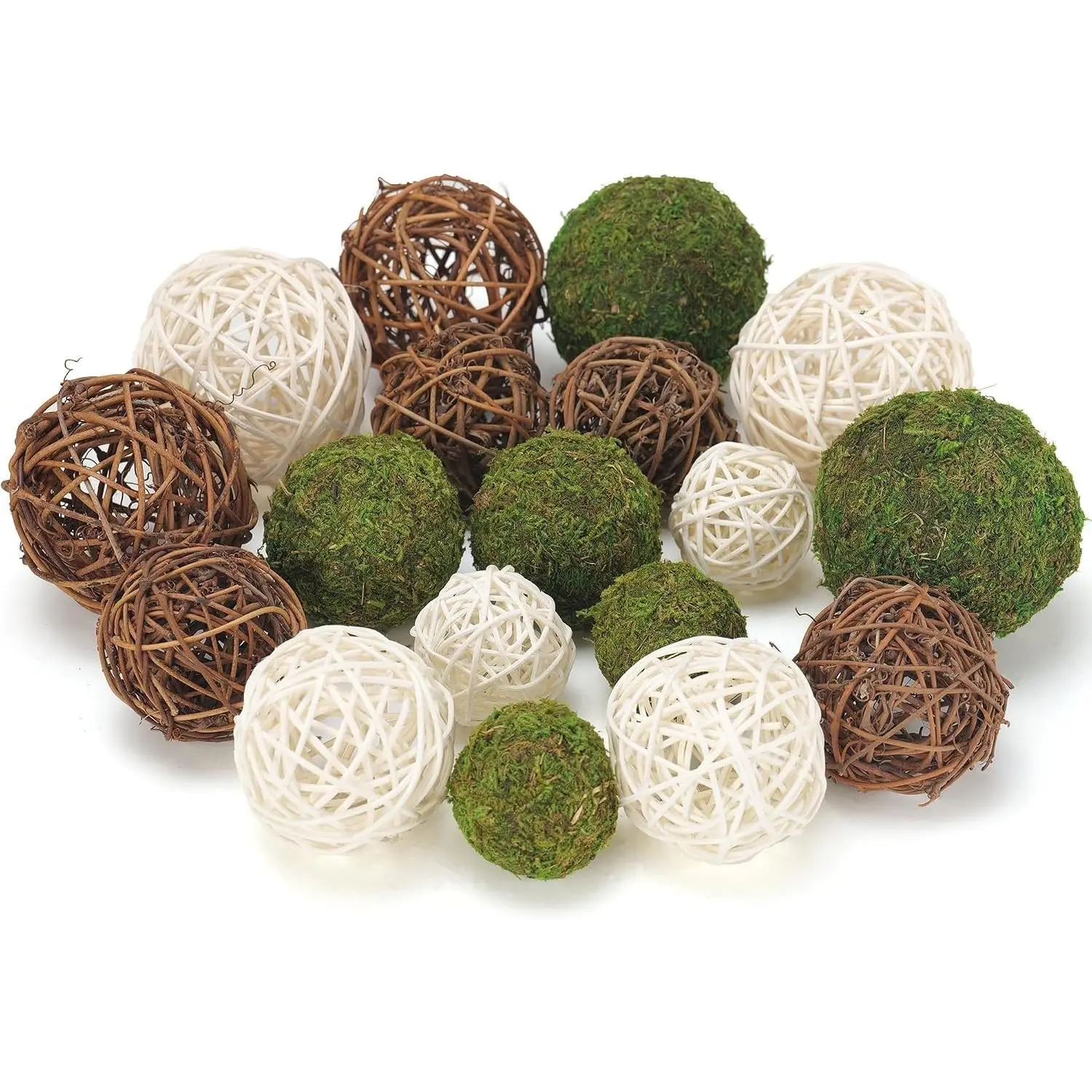 18Pcs Decorative Balls for Centerpiece Bowl - 6Pcs Fake Moss Balls + 12Pcs Rattan Wicker Balls, Artificial Decorative Balls Vase Fillers for Home Garden Wedding Party Rustic Decor