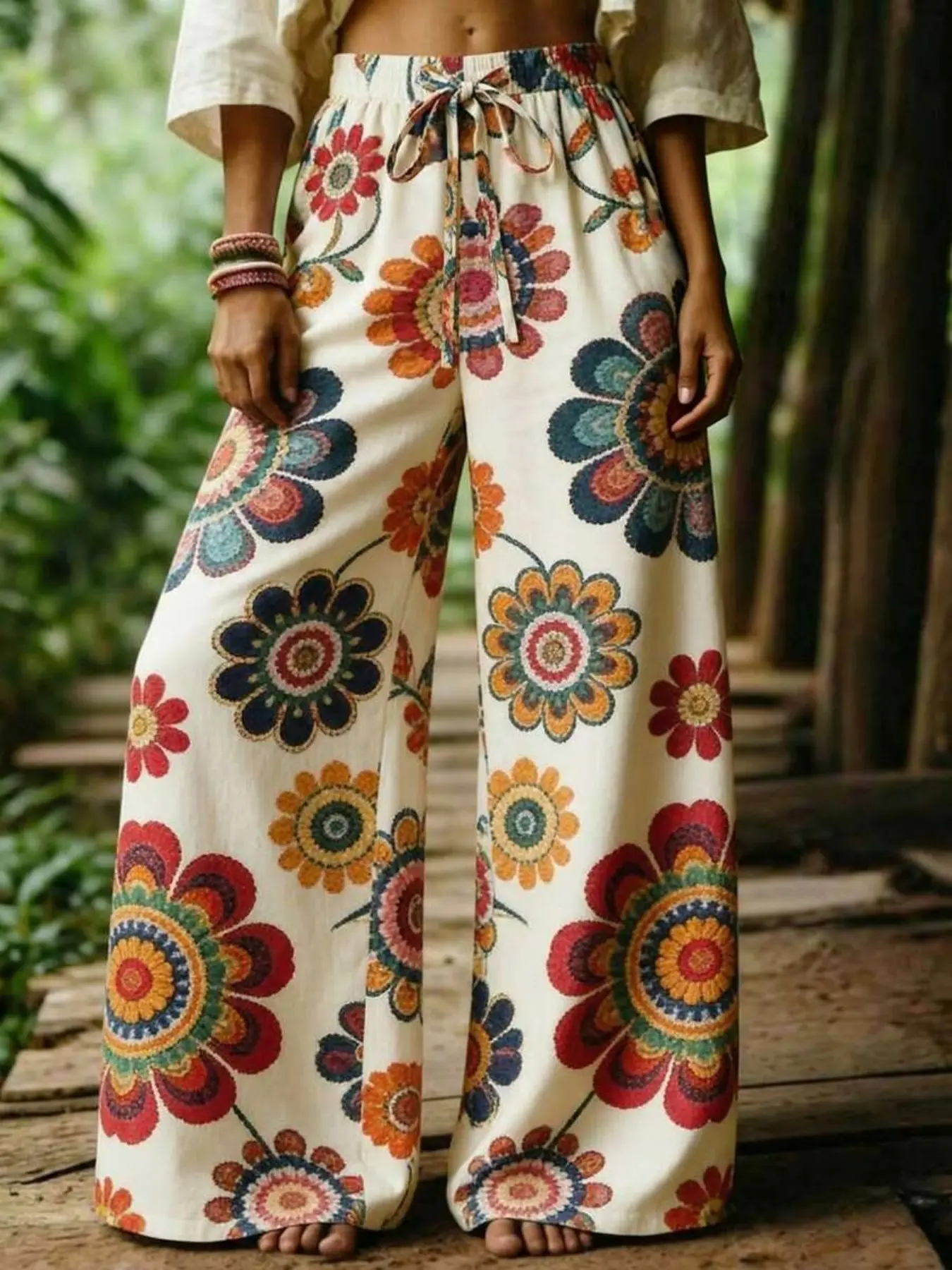 Boho Vintage Large Floral Print High Waist Wide Leg Pants, Elastic Waist Loose Flowy Casual Palazzo Pants, Lightweight Breathable Beach Vacation Pants