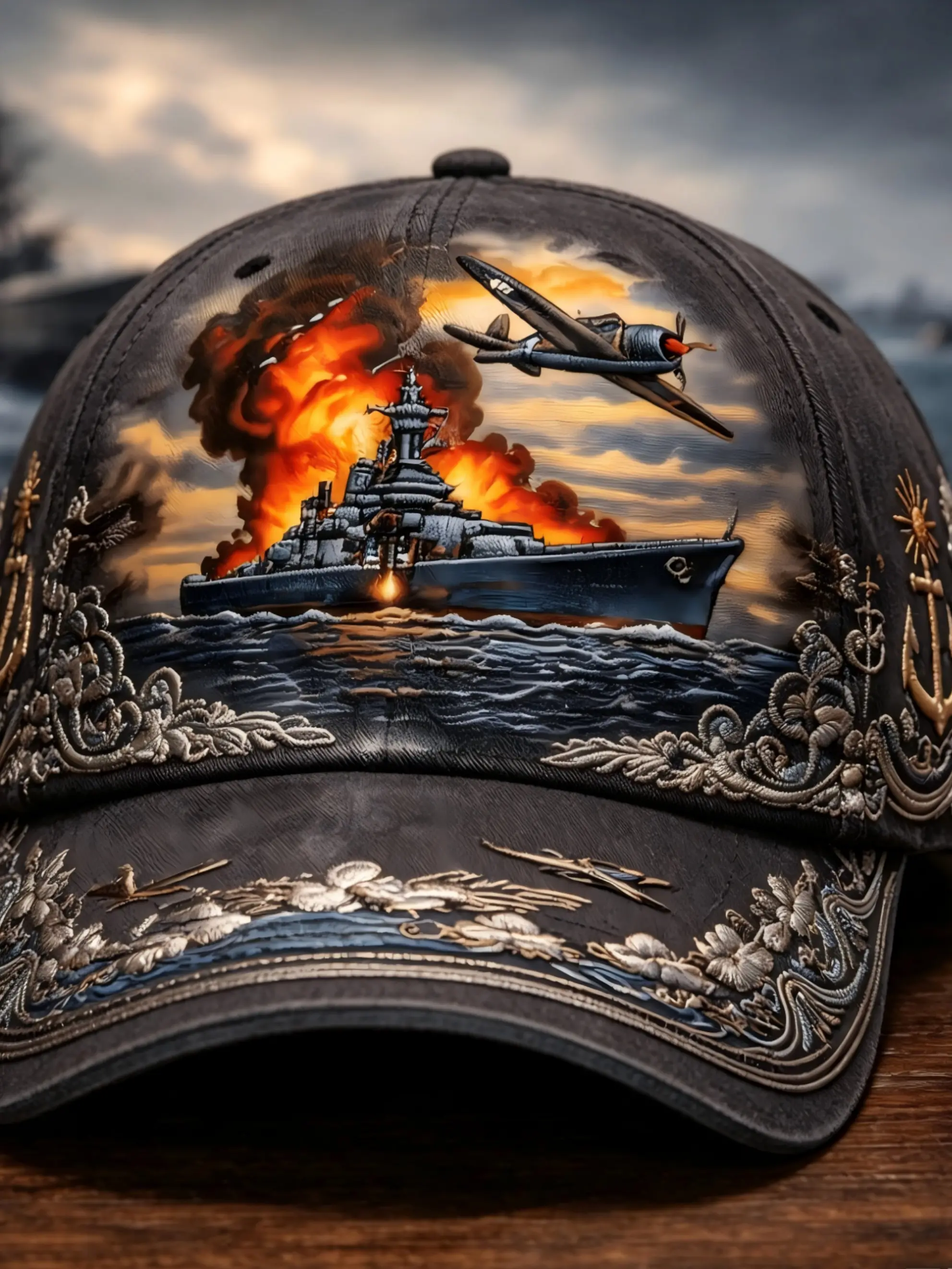 Vintage Wwii Naval Battle Print Baseball Hat, Graphic Hats, Men's 3D Ship Aircraft Cap, Adjustable Military Fan Hat, Navy Veteran Gift, Gift Option