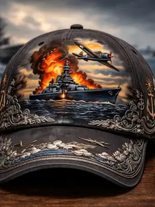 Vintage Wwii Naval Battle Print Baseball Hat, Men's 3D Ship Aircraft Cap, Adjustable Military Fan Hat, Navy Veteran Gift, Gift Option