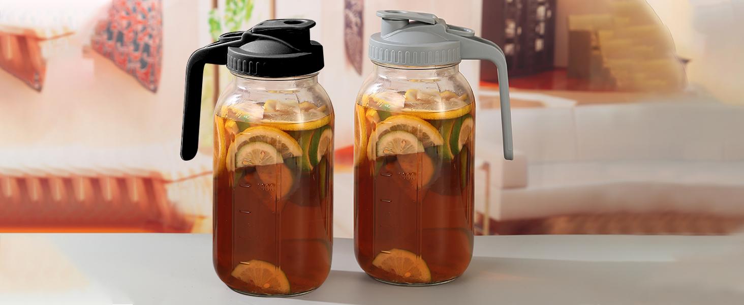 2 Pack Glass Pitchers with Lid, 64 oz Sun Tea Pitcher, Half Gallon Mason Jar Pitcher with Wide Mouth Airtight Lid for Ice Tea, Cold Brew Coffee, Fridge Water, Milk, Juices, Leak Proof Water Jug