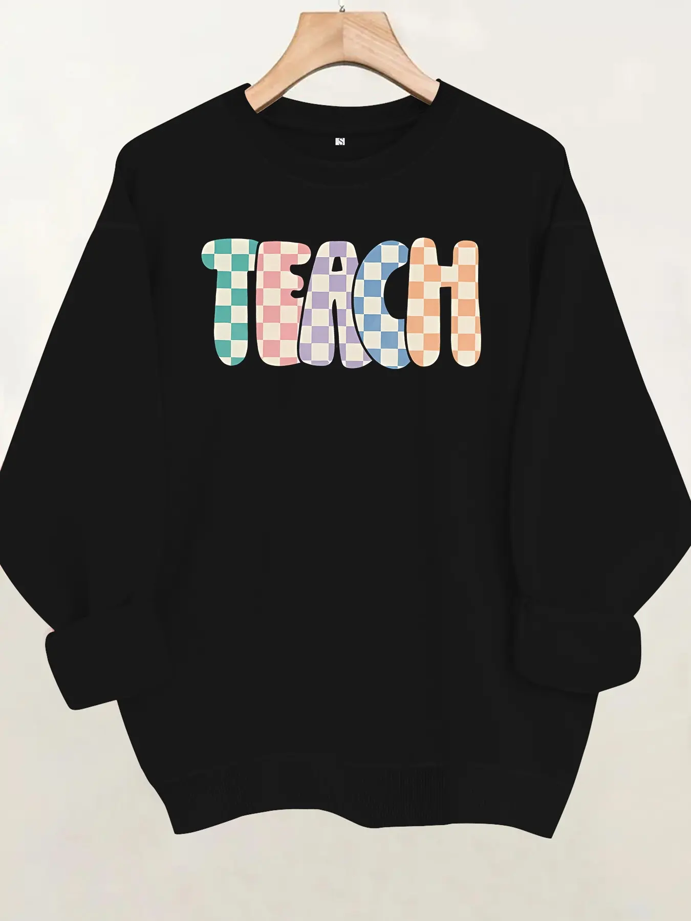 Women's Vintage Colorful Checkered 'teach' Letter Print Round Neck Fleece Sweatshirt, Casual Long Sleeve, Fall & Winter Comfort
