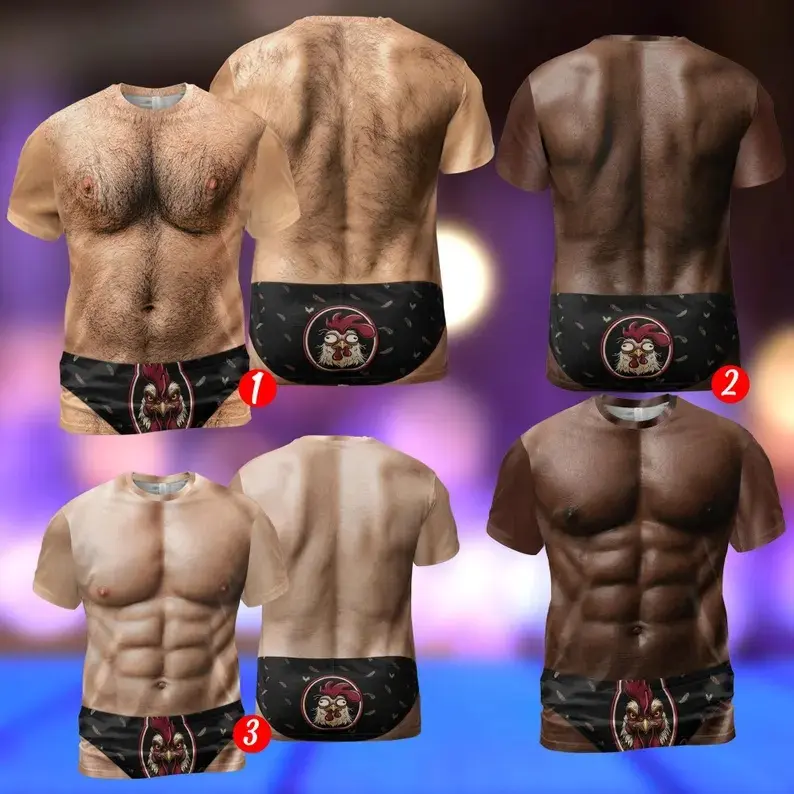 Funny 3D Hairy Chest Costume T-Shirt, Realistic Muscular Six Pack Abs Gag Tee, Novelty Rooster Underwear Graphic Top, Hilarious Party Gift