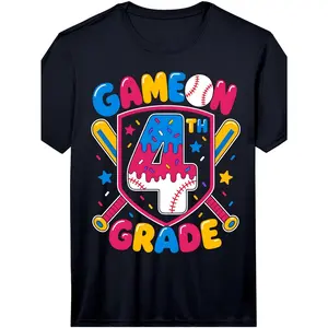 4th Grade Back to School Baseball Ice Cream Drip Unisex Tee Breathable Crew Neck Summer Street Top Best Children Gift Unisex for Boys and Girls