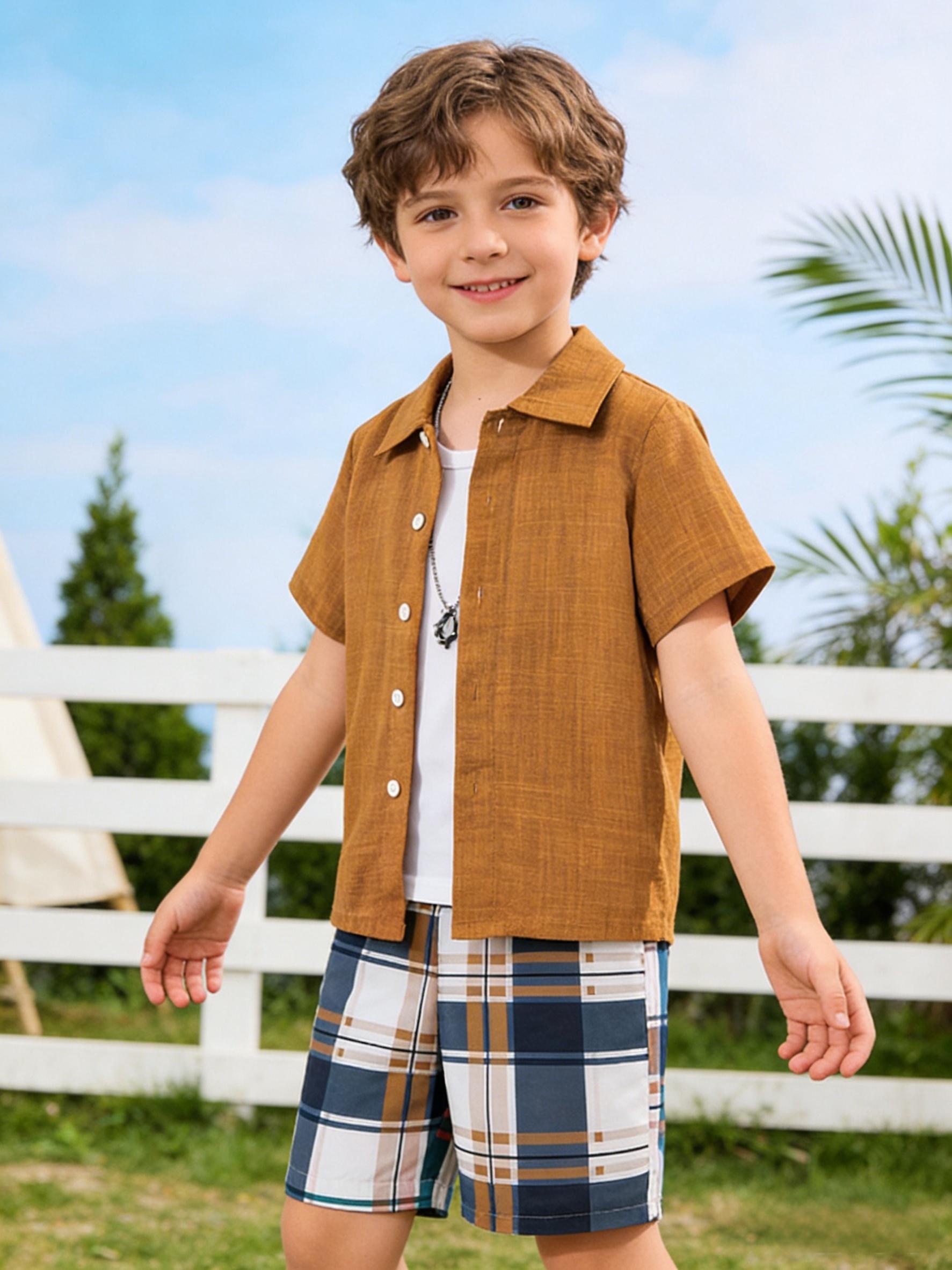 Randomly 1 Set, 2pcs, Boys' Shirt And Shorts Set, Featuring A Checkered And Striped Pattern with Printed Stitching, Fashionable And Trendy, Versatile, 3-12Y Teen Boy Clothing, Casual Wear, Outdoor Sports, Easter Giftr, Polyester, Perfect for Outdoor