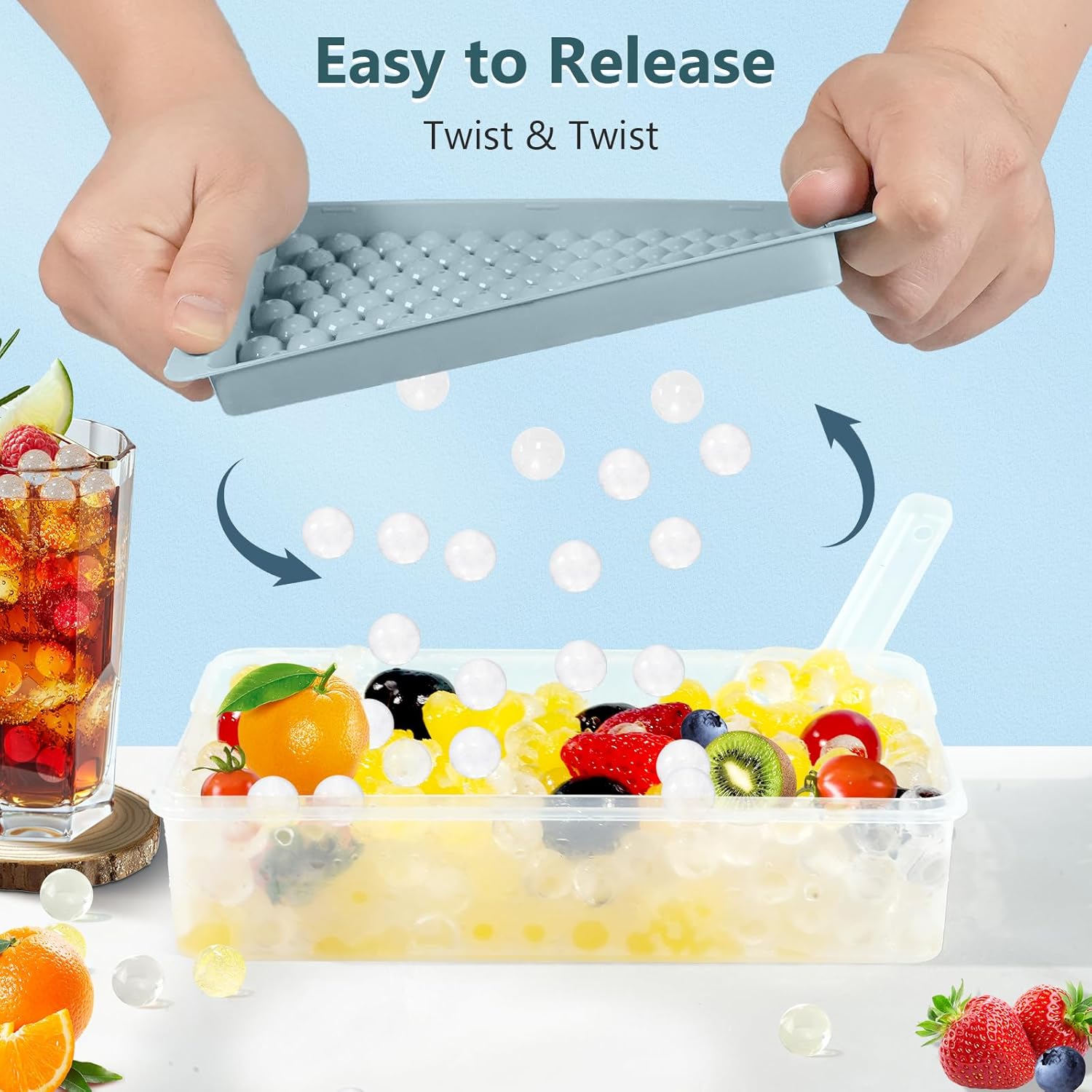 1 Set Mini Ice Cube Tray with Lid and Storage Box, Perfect for Iced Coffee and Cocktails. Quickly Cools, Easy to Swirl and Release, Stackable, Small Round Ice Cubes Easily Fit Into Narrow-Necked Water Bottles and Glasses.Ice Platter