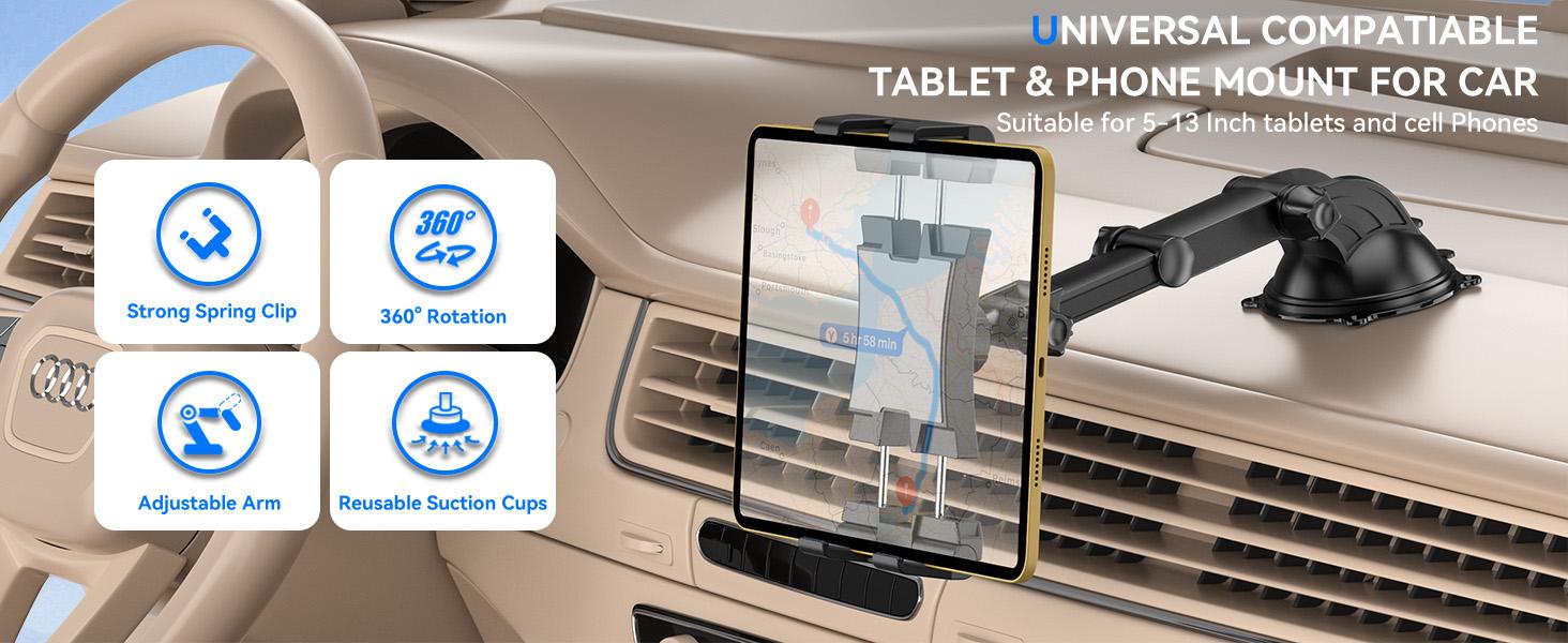 OHLPRO tablet stand is suitable for dashboards and windshields, the upgraded version features an adjustable clamp with a telescopic arm, compatible with 5- 13inch iPad Pro/Air/Mini, Galaxy Tab, Kindle Fire, Surface