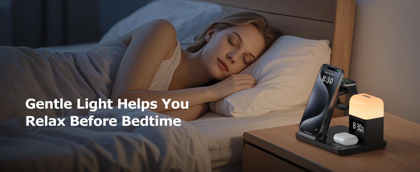 Wireless Charging Station Alarm Clock with 8 Touch Night Lights: 5 in 1 Charger Stand for Apple Devices - Charging Dock for iPhone 17 16 15 14 13 12 Pro Max Plus/Apple Watch/AirPods, Dimmable