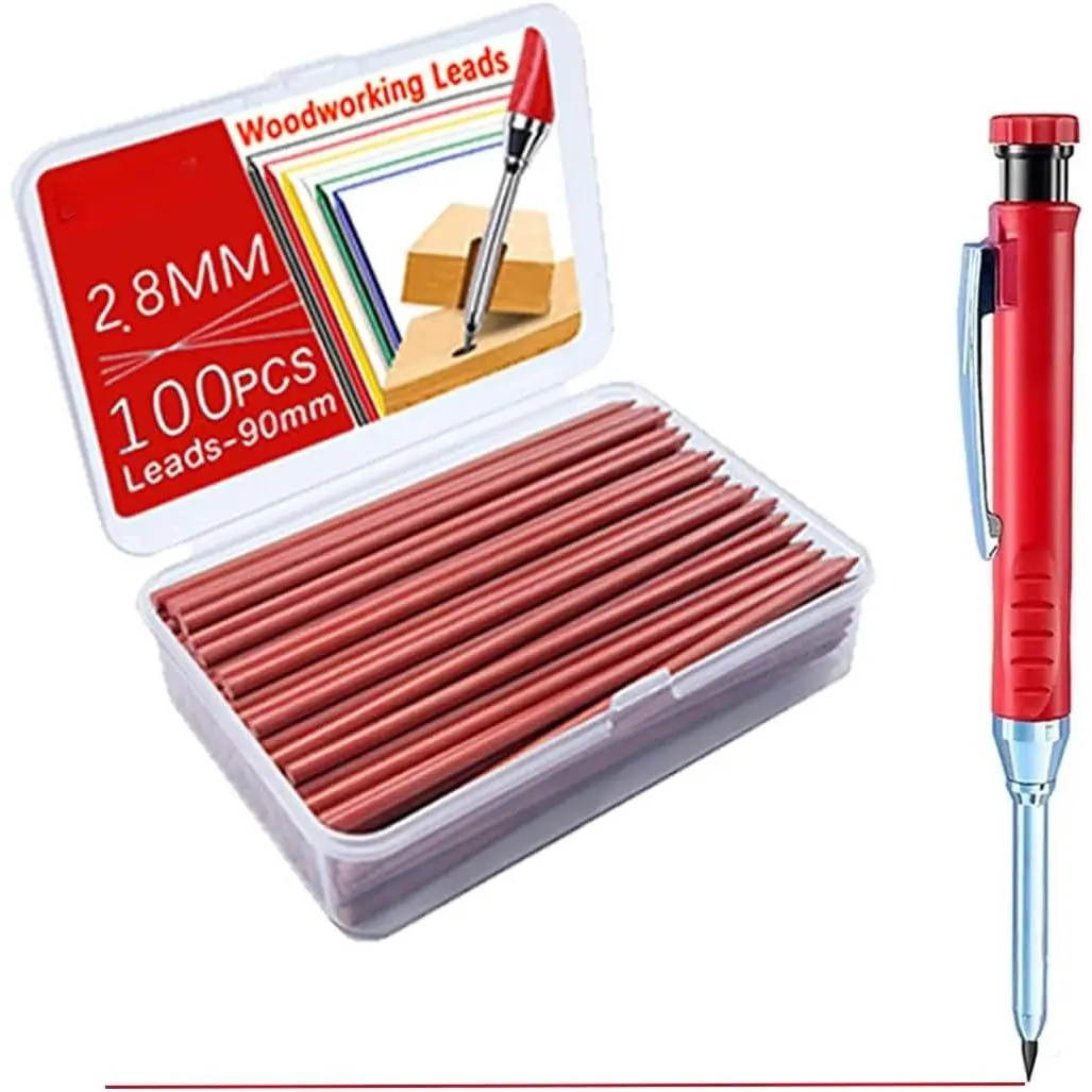100 count Pencil Refills, 2.8mm Pencil Leads, Solid Carpenters Refills , Deep Hole Marker,  for Woodwork Construction Building (red)
