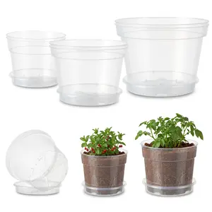 Thickened Clear Plastic Nursery Pots with Saucers – 6 Pack (6, 8, 10 Inch) – Transparent Planter Pots with Drainage Holes for Indoor Outdoor Plants, Seedlings, Root Observation