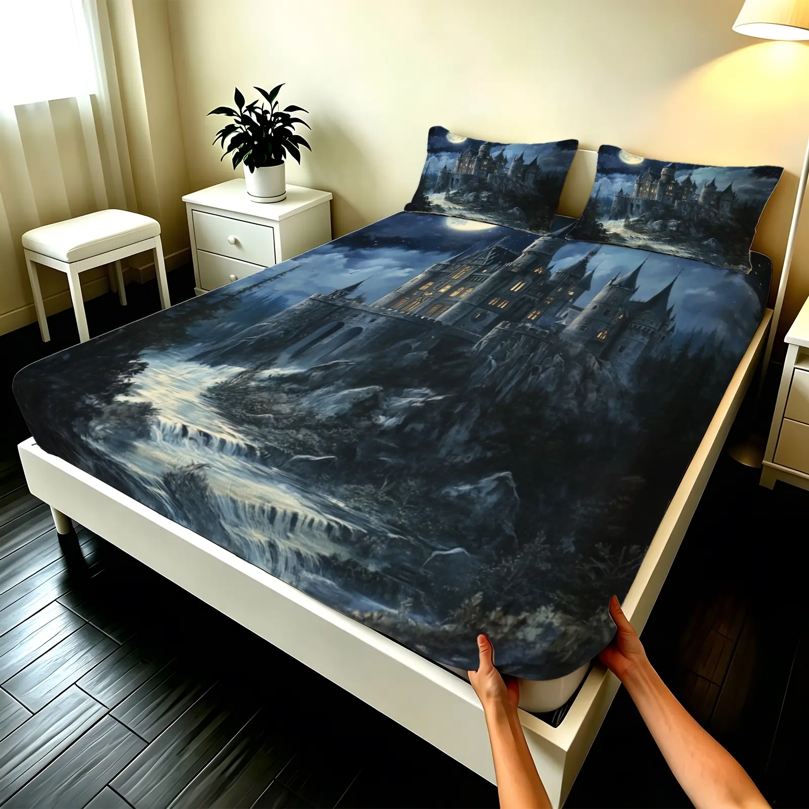 3pcs Fitted sheet Hogwarts Castle Moonlight Night Print Soft Microfiber Bedding, Deep Pocket, Wrinkle Resistant, Fade Proof, Breathable, Suitable for Bedroom Hotel Home, Twin Full Queen King Size, Microfiber Bed Sheets
