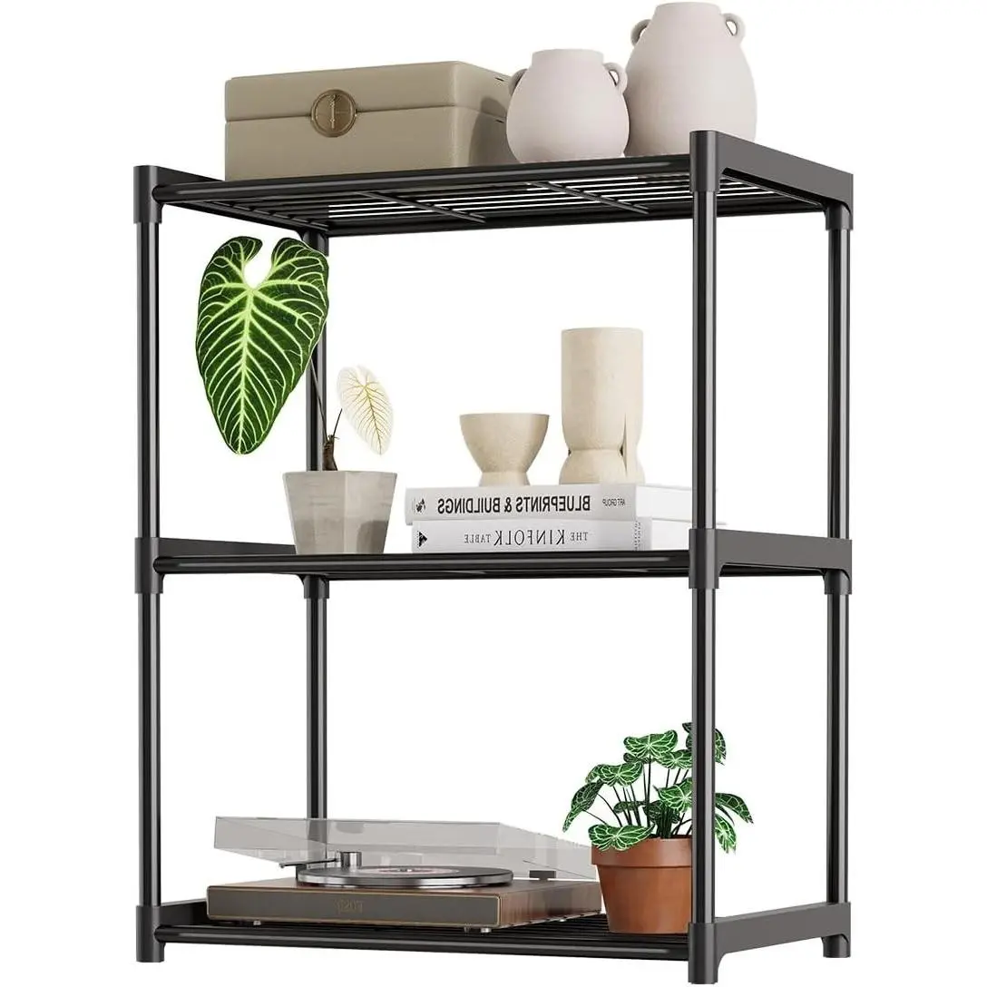 3-Tier Metal Storage Shelves with Plastic Connectors – Sturdy Space-Saving Organizer Rack for Pantry, Closet & Bathroom, Black, 17.3" x 12.8" x 28.9"Gift