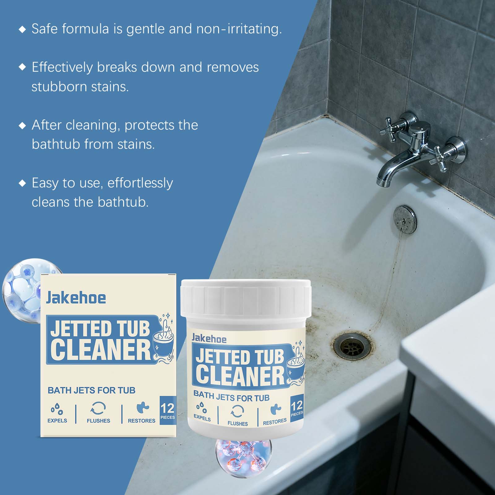 Jakehoe Jetted Bathtub Cleaning Tablets Deeply cleans, removes dirt, and restores a clean, shiny surface, eliminating scale and stains